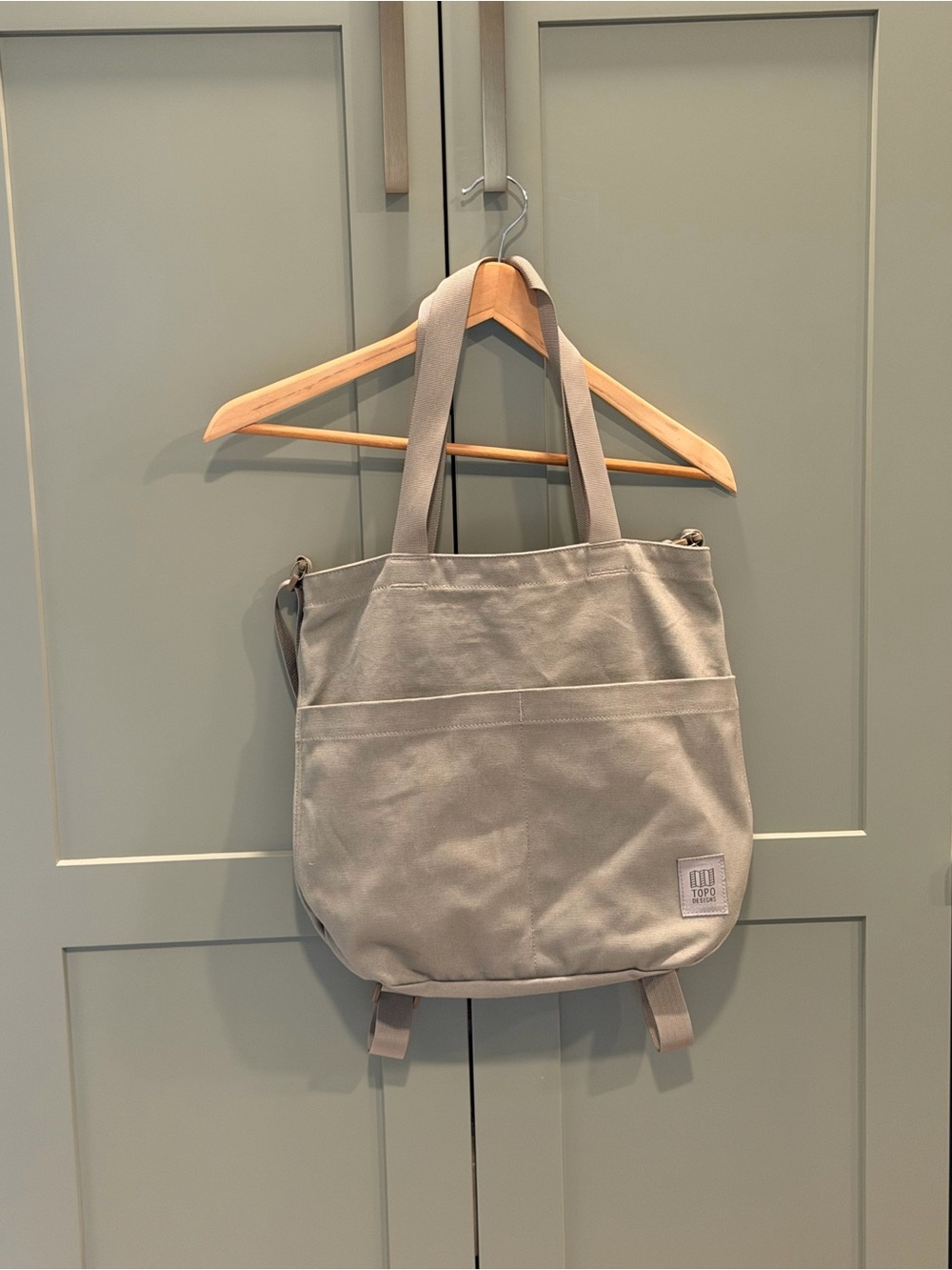Topo Designs Canvas Tote backpack in Light sage color